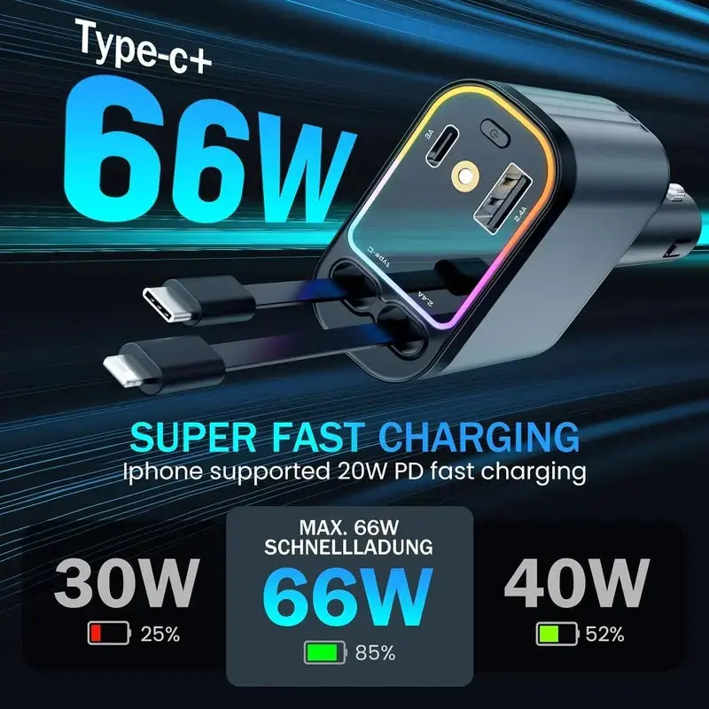 66W USB C Fast Car Chargers Adapter, Car Charger Withstarlight,For Iphone 16/15/14/13/12/11 and for Android (Dark Grey)4 in 1 Retractable Car Charger with 2 USB Ports Car Phone Chargers Led Charging Star Lightning