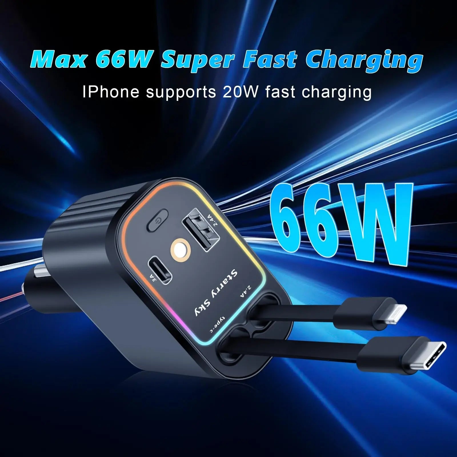 66W USB C Fast Car Chargers Adapter, Car Charger Withstarlight,For Iphone 16/15/14/13/12/11 and for Android (Dark Grey)4 in 1 Retractable Car Charger with 2 USB Ports Car Phone Chargers Led Charging Star Lightning