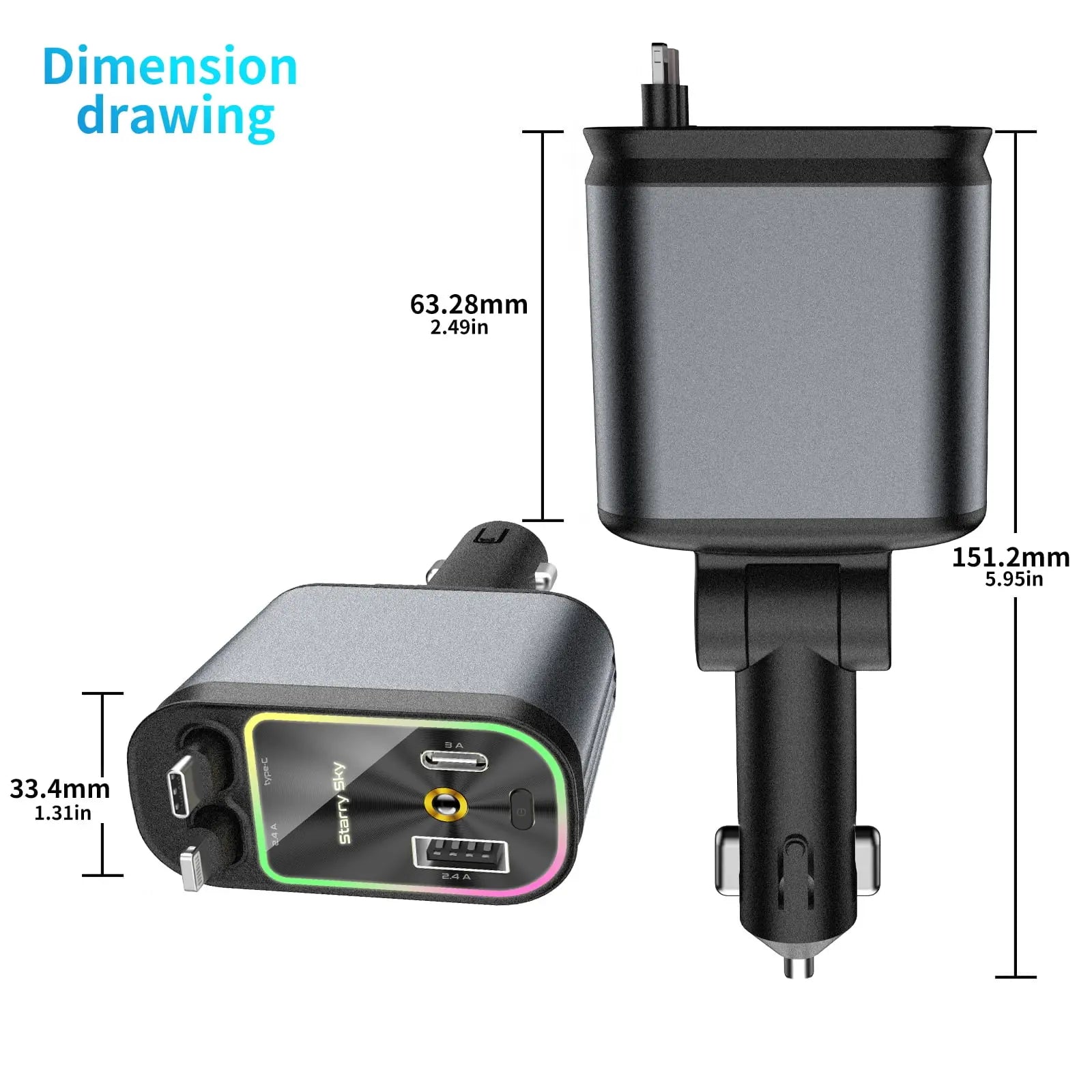 66W USB C Fast Car Chargers Adapter, Car Charger Withstarlight,For Iphone 16/15/14/13/12/11 and for Android (Dark Grey)4 in 1 Retractable Car Charger with 2 USB Ports Car Phone Chargers Led Charging Star Lightning