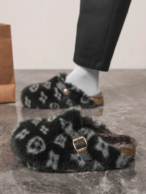 High-End Slip-On Fur Slippers for Men and Women, Plaid Pattern, Thick Sole, Casual Fashion, Anti-Slip, Warm Outdoor Shoes, Footwear, Perfect Gift, Leopard Pattern Slippers