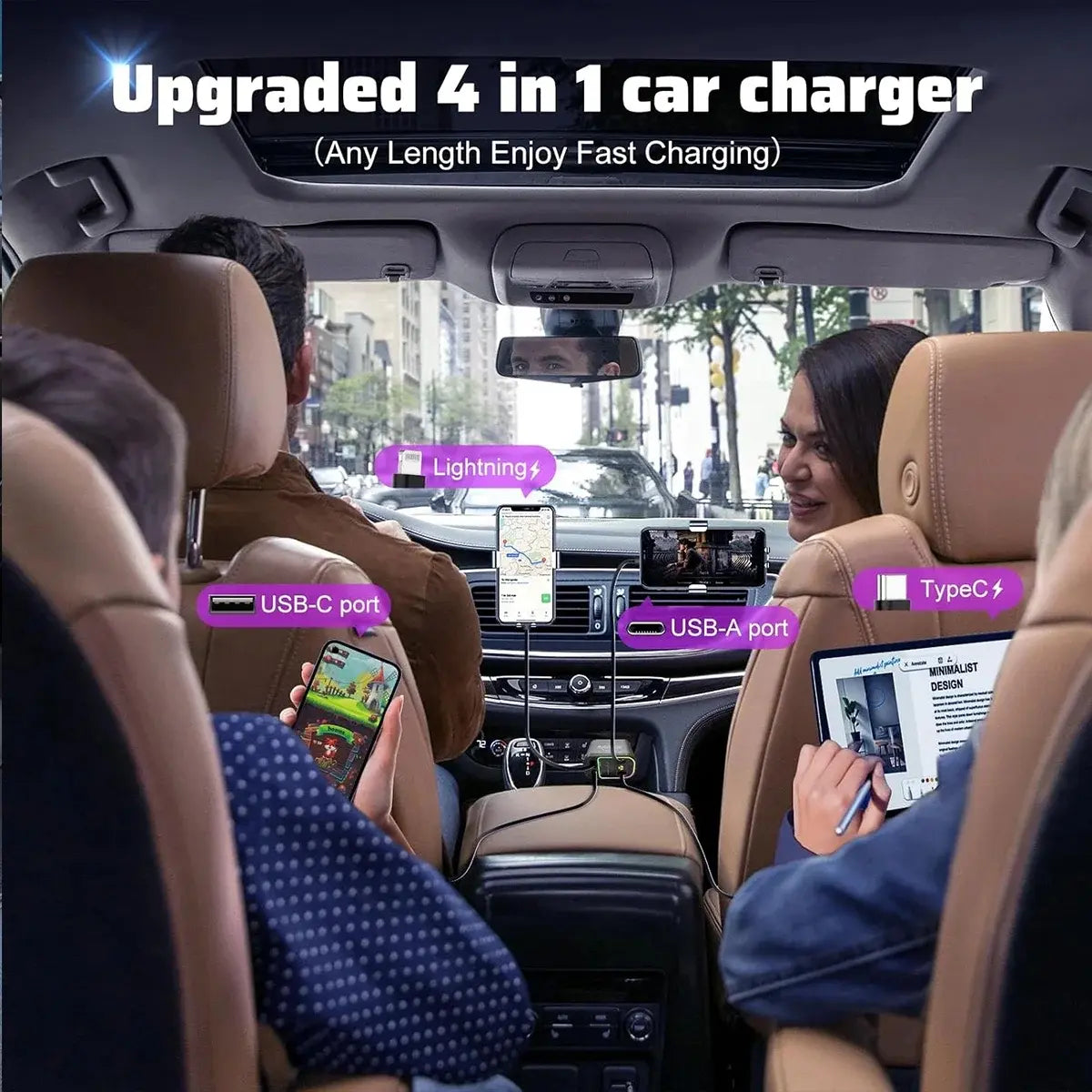 66W USB C Fast Car Chargers Adapter, Car Charger Withstarlight,For Iphone 16/15/14/13/12/11 and for Android (Dark Grey)4 in 1 Retractable Car Charger with 2 USB Ports Car Phone Chargers Led Charging Star Lightning
