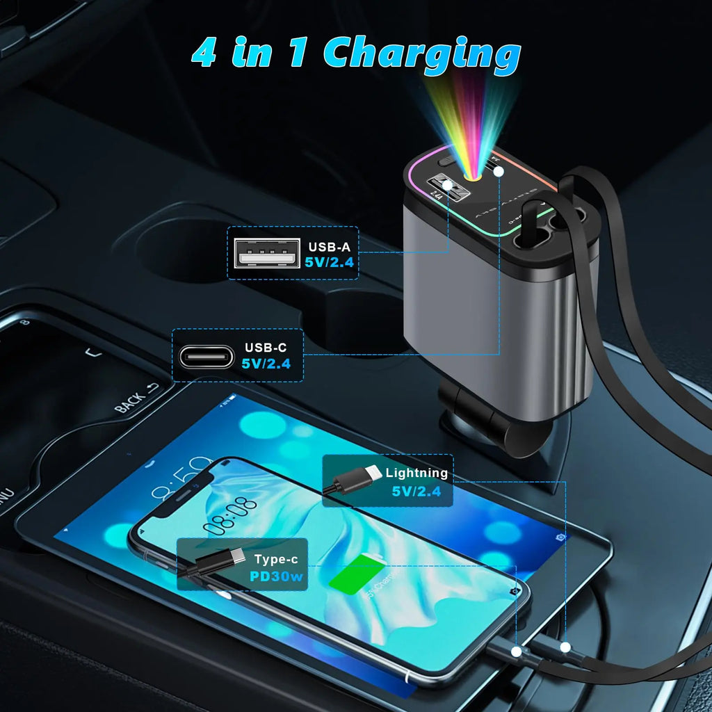 66W USB C Fast Car Chargers Adapter, Car Charger Withstarlight,For Iphone 16/15/14/13/12/11 and for Android (Dark Grey)4 in 1 Retractable Car Charger with 2 USB Ports Car Phone Chargers Led Charging Star Lightning