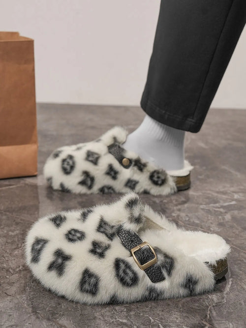 High-End Slip-On Fur Slippers for Men and Women, Plaid Pattern, Thick Sole, Casual Fashion, Anti-Slip, Warm Outdoor Shoes, Footwear, Perfect Gift, Leopard Pattern Slippers